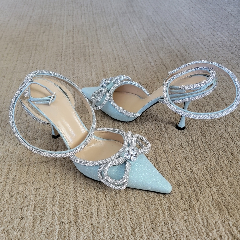 MACH & MACH Glitter Double Crystal Bow Pointed Toe Pump in Baby Blue, Size 40